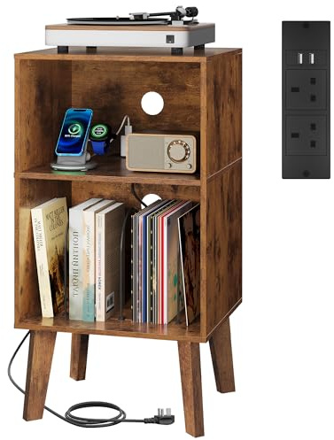 WLIVE 3-Tier Record Player Stand, Charging Station, Turntable Stand Cabinet | 2 AC Outlets & 2 USB Ports,Adjustable Dividers and Vinyl Storage, Holds Up to 150 Records for Turntables, Albums & Media Gear