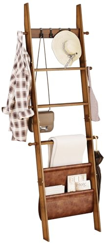 ELYKEN Blanket Ladder for Living Room, 5-Tier Wooden Towel Rack with Synthetic Leather Pocket, 4 Removable Hooks, Decorative Leaning Ladder Shelf for Bedroom, Walnut
