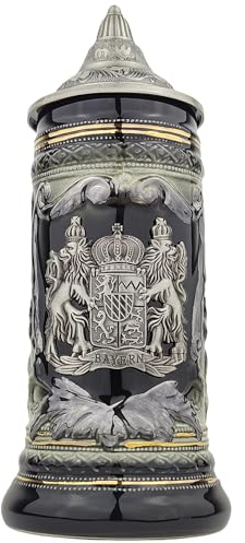 EVERSTYLE Bierkrug mit Deckel 0,7L – Motiv: Bayern – Steinkrug mit Spitzdeckel & Metallmontur – Geschenkidee für Männer, Vater & Bierliebhaber (Schwarz)