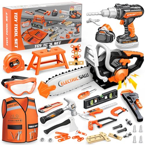 Kids Tool Set Toys, 56 Pcs Toddler Tool Set with Toy Chainsaw & Electronic Drill,Vest, Pretend Play Kids Construction Tools Toy for Toddler 3-5 Years Old Christmas Birthday Gifts