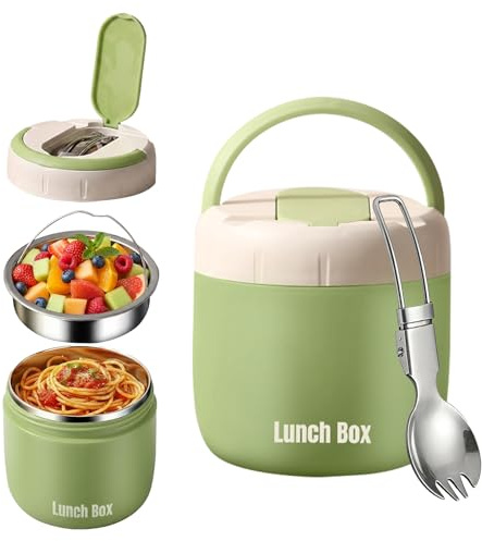 1300ml Thermal Food Flask Vacuum Insulated Leak Proof Stainless Steel | Green, Portable, with Spoon, BPA-Free, Insulated Double Wall, Hot Food Containers, for Kids & Adults School Work Travel