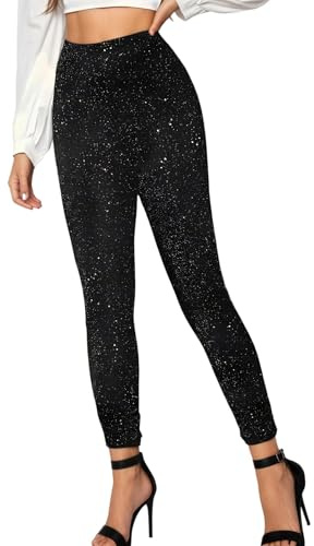 JVHYANFUL Glitzer Leggings Damen Schwarze Pailletten Hose Silvester Hosen Glitzerhose Strumpfhose Glitzer-Leggings Mit Hoher Taille Sternenhimmel Druck Lange Paillettenhose Disco Outfit Rave Kostüm