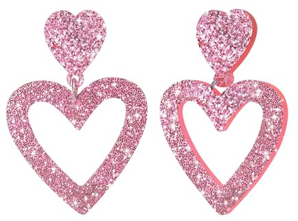 WATEFOER Pendientes Corazón para Mujer Pendientes Colgantes Corazón Brillante Acrílica Bonitos Regalos de Joyería para San Valentín, Cumpleaños, Aniversario (Rosa)