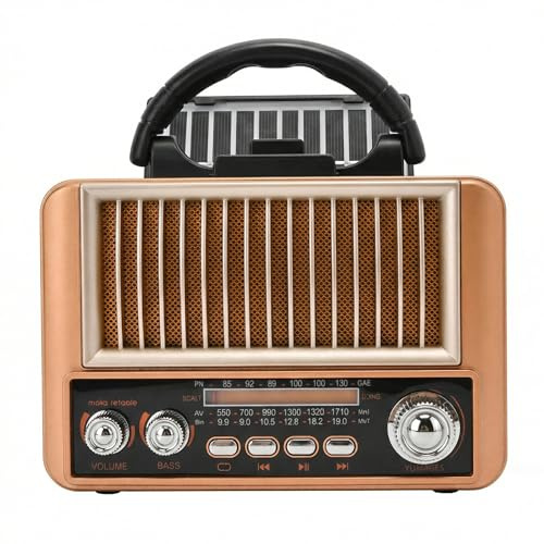 PORFOYO Radio retro AM/FM/SW con Bluetooth, radio de cocina, radio nostálgica, pequeña, radio transistor con panel solar, radio vintage, soporte para teléfono móvil, compatible con función USB/TF/AUX