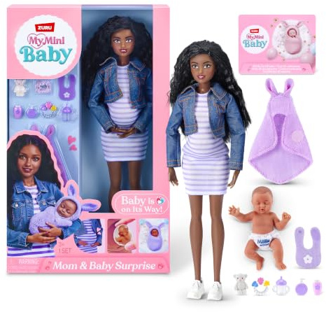 My Mini Mom & Baby Surprise (Nicky) By ZURU | Newborn with soft swaddle, bottle, bib & baby accessories, realistic nurturing play, collect all 3, play & display, kids gift