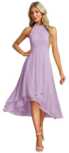 Ever-Pretty Abito Cerimonia Donna Spalle Scoperte Pieghe High Low Senza Maniche Chiffon al Ginocchio Abito da Ospite Orlo Irregolare Comodo Lillà 44