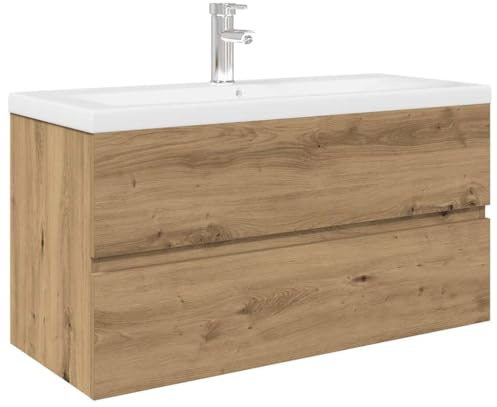 Mhdvray Waschbeckenunterschrank mit Einbaubecken und Wasserhahn, Badmöbel Set 90cm Wandmontage, Badezimmerschrank mit Schublade & Keramikwaschbecken, Waschtisch Artisan-Eiche