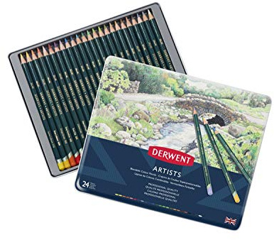 Derwent Artists Set di 24 Matite Colorate per Disegnare e Colorare, Ideali per Sfumature e Stratificazioni, Astuccio in Metallo Incluso, Qualità Professionale