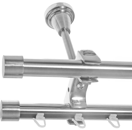 BASIT Rohr + Innenlauf Gardinenstange Deckenmontage 2 läufig 120cm lang Edelstahl Look Metall Gardinenstange 2 läufig Deckenbefestigung Ø20mm I D61 RI
