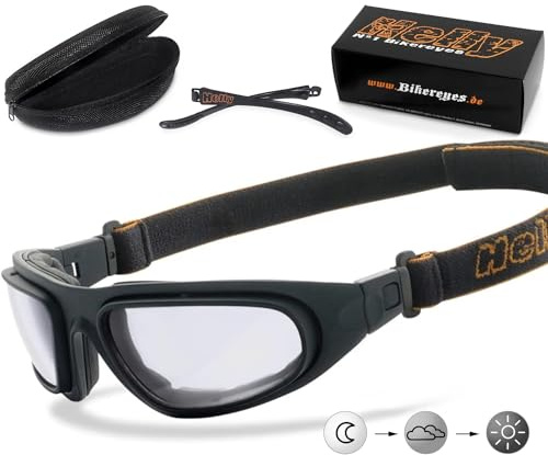 HELLY® - No.1 Bikereyes® | Motorradbrille, Multifunktionsbrille, Bikerbrille | beschlagfrei, winddicht | HLT® Sicherheitsglas, DIN EN 166 | Bügel, Band wechselbar | eagle (selbsttönend)