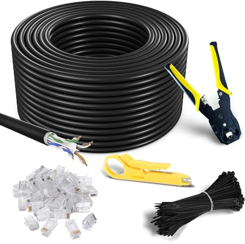 MutecPower CAT6 100m Außen Verwendung wasserdicht - CCA - Direct Burial Ethernet Netzwerkkabel - 250 MHz - Mit Crimpzange, 50 RJ45 PCS und kabelbinder - Schwarz 100 Meter