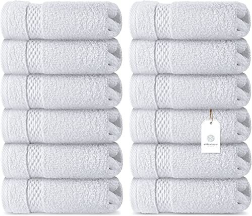 White Classic Luxury Cotton Washcloths 13x13 Inch - 650 GSM Turkish Cotton | Hotel, Spa, Bathroom Face Towel | 12 Pack
