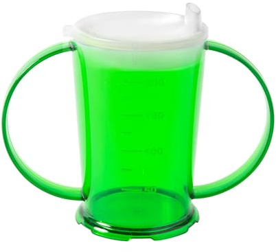 Harfield Translucent Green 2-Handled Beaker & Wide Spout Drinking Aid Sippy Cup Reusable Virtually Unbreakable Copolyester Plastic