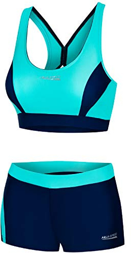 Aqua Speed Damen Sport Bikini Set | Zweiteiler | sportliche Bademode | Two Piece Swimsuit Women Girl | Schwimmbikini Frauen | Wassergymnastik | Wassersport | Gr. 36, 42 Türkis - Navy | Fiona