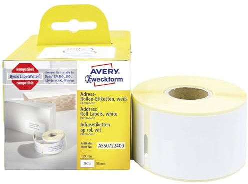AVERY Zweckform ASS0722400 Dymo LabelWriter Adressetiketten kompatibel zu S0722400 (36x89mm, 1 Rolle|260 Adressaufkleber, selbstklebend, für LW Dymo Etikettendrucker/Beschriftungsgerät/Etikettenband)