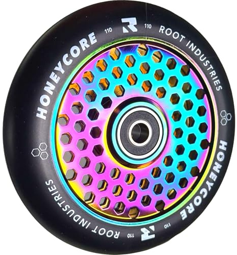 Root Industrie Air Honeycore 110mm Stunt-Scooter Rolle + Fantic26 Sticker (Rainbow Neochrome/Pu Schwarz)