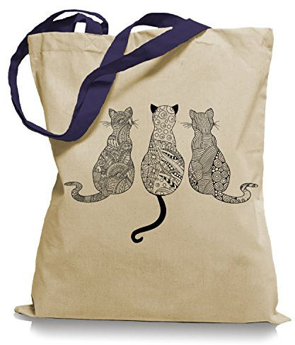 Ma2ca® Cats - Katzen Tragetasche/Bag/Jutebeutel WM Farbiger Henkel-Navy