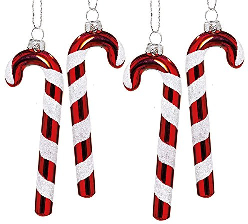 Hänger 'Zuckerstangen' 4er Set, glänzend rot weiß 12 cm Glas Baumschmuck Weihnachten Christbaumschmuck