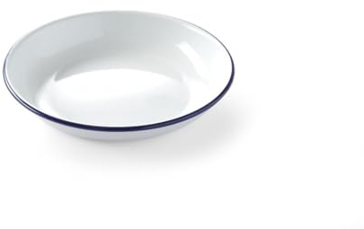 HENDI Plato de acero esmaltado blanco, con borde azul, cuenco, recipiente redondo, para horno de cocina, para preparar y servir diferentes platos, sopas, caldos, postres, ensaladas, ø240x(H) 40mm