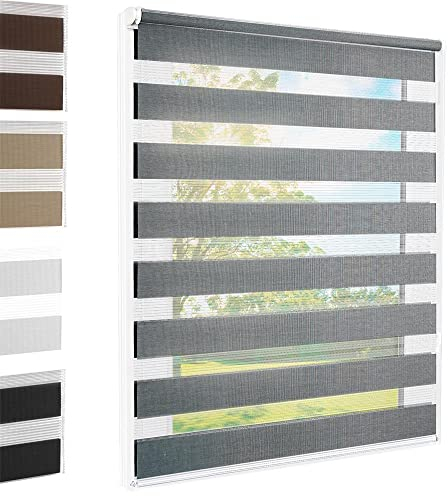 Doppelrollo Klemmfix ohne Bohren Grau 60x220 cm [Stoffbreite 56cm] Duo Rollo Fensterrollo für Fenster/Türen Gardine Klemmrollo Seitenzugrollo Sichtschutz Sonnenschutzrollo Zebrarollo