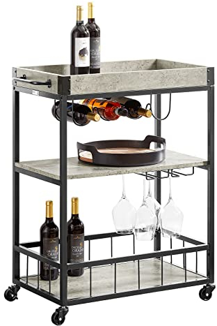 SoBuy Modern Design 3 Tiers Kitchen Trolley Serving Trolley with Wine Rack Metal & MDF FKW56-HG