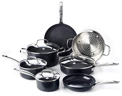 GreenPan Chatham Black Prime Midnight - Juego de ollas y sartenes antiadherentes de cerámica anodizada, dura, 11 piezas, sin PFAS, apto para lavavajillas, apto para horno, negro