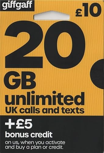 Giffgaff SIM Card. 80 GB Data, Unlimited Minutes and Texts. Topup Lasts 30 Days