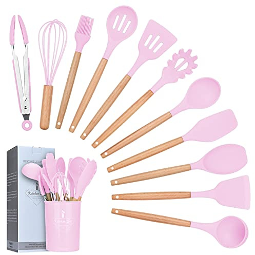 Lychee Silikon Kochgeschirr Set,12 Stücke Advanced Hitzebeständige Küchengeräte Kochzubehör Antihaft-Küchenbackwerkzeuge,Kochwerkzeug,BPA-frei (Rosa)