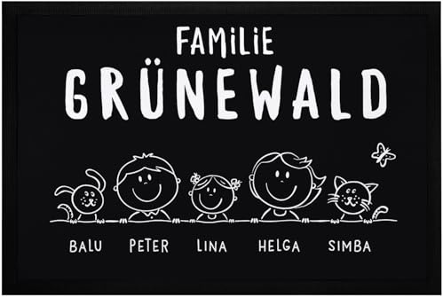 SpecialMe® Fußmatte Familie 1, 2, 3 & mehr Kinder Hund Katze personalisiert mit Namen rutschfest & waschbar Schwarz 60x40cm