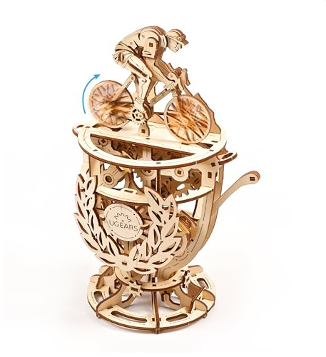 UGEARS Automaton Cyclist 3D-Puzzles – Vatertagsgeschenk, Holzmodellbausätze für Erwachsene zum Bauen Klassisches Tour-De-France-Cup-Fahrrad-Holzpuzzle 3D Holzpuzzles für Erwachsene mit Gummibandmotor