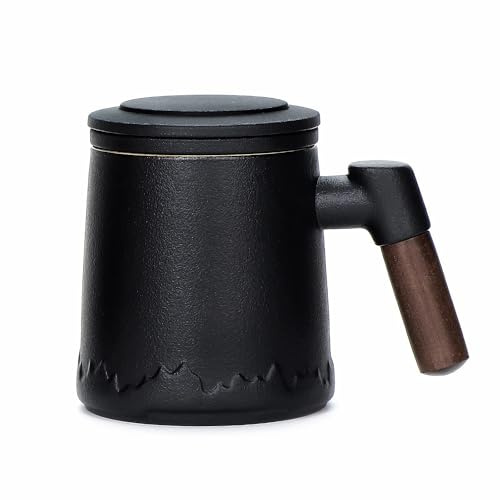 Webao tekopp med lock och sil, 360 ml keramisk temugg med trähandtag, matta keramik tekoppar för löst te, svart