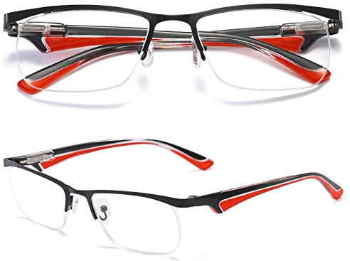 MAGIMODAC Lesebrille Blaulichtfilter Halbrahmen Lesebrillen Rechteckige Lesehilfe Federscharnier Metall Sehhilfe mit PU Leder Etui für Herren Damen (Rot, 1.50)