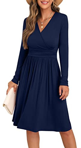 GRECERELLE Womens Autumn Wrap Dress Ladies Casual Long Sleeve V-Neck Midi Dresses for Women (Navy Blue, M)