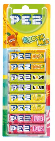 PEZ - Boîte de 12 Blisters de 8 recharges de bonbons goût Exotic mix- Pour recharger les distributeurs PEZ