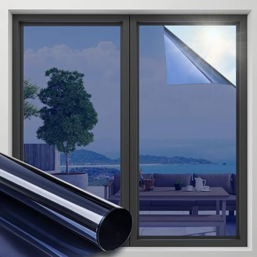 OFHome Window Film Privacy Mirror Reflective Sun block, Blue Silver 30x200 | One Way Privacy, Solar Heat Blocking, Thermal, Anti Glare UV, Adhesive Window Tint For Home Office, Glass Windows