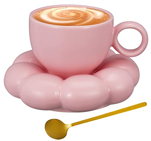 Weigudoc Set di Tazze da caffè in Porcellana con piattino e Cucchiaio a Forma di Nuvola, 185 ml Tazze da tè e piattino, graziose Tazze da caffè in Colore Macaron per L'Ufficio Domestico (Rosa)