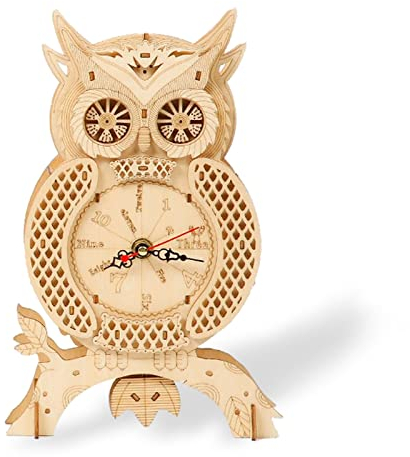 3-D Puzzles Owl Clock, Kikuo Mechanical Wooden Model Kit, Laser Cut 3D Wooden Construction DIY Model Kits for Adults Teens and Children - Build Your own Wood Craft Clock