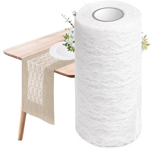 VOCDEMERI Weißer Spitze Tischläufer 15cm x 22m mit zarter Spitze für Vintage Hochzeit, Kommunion & mehr