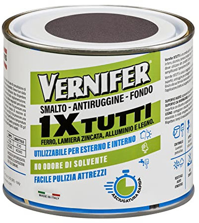 VERNIFER 1XTUTTI Grigio Peltro Antichizzato, Smalto Acrilico per la Protezione e Finitura di Superfici, Antiruggine, Smalto Lucido e Opaco, Senza Odore, 500ml