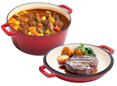 Alathote 2-in-1 Schmortopf aus emailliertem Gusseisen mit Deckel, 9 l, große Doppelgriffe, ofenfest bis 260 °C, klassischer runder Gusseisentopf für vielseitiges Kochen, Rot