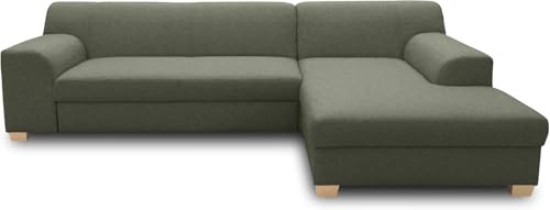 DOMO Collection Ecksofa Tinos, L-Sofa, Eckcouch mit Schlaffunktion, Schlafsofa Couch, L-form, 273 x 157 cm in grün | Longchair rechts mit Schlaffunktion und Holzfüßen, klassisches L-Sofa, 273 x 157 cm (BxTxH)