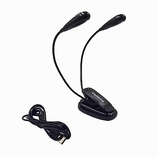 Vantone Music Stand Light, Clip on LED Book Lights, Dual Neck 6-LED Powered by USB and AAA Battery, Portable Bedside Reading Light, Brightness Levels Adjustable