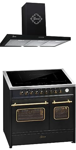 GURARI Induktions-Standherd E 913 DF RU BL+GCH 461 BL 9, Retro Elektro Standherd 90cm, Range Coocker mit FLEX Induktion+Dunstabzugshaube 90 cm
