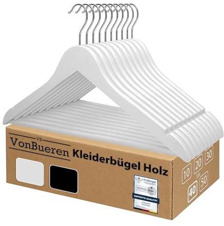 VonBueren 40x Kleiderbügel Holz weiß, Holzkleiderbügel, Holzbügel, Bügel | Holzkleiderbügel, Bügel mit 360° drehbarem Haken, Hangers Clothes für Hemden, Jacken, Hosen, Anzüge und Garderobe