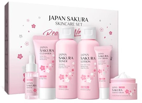LAIKOU Set per la Cura Della Pelle Sakura, 6 Pezzi Set Regalo per la Cura Della Pelle Femminile, Detergente, Tonico, Lozione, Crema per Gli Occhi, Siero, Crema, Regalo per Donne e Adolescenti