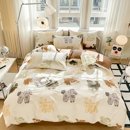 GETIYA Biancheria da letto colorata con motivo di cani, 135 x 200 cm, in cotone, per ragazze, da donna, con motivo animali, colore bianco, marrone, double-face, con 1 chiusura lampo, federa 80 x 80 cm