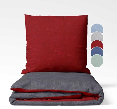 sleepling Feinbiber Bettwäsche, Winterbettwäsche 3-teiliges Set Bettbezug 200x200cm + 2x Kissenbezug 80x80cm, Wendebettwäsche, 100% Baumwolle, Made in Germany, OEKO-TEX, Waschbar, Dunkelrot Dunkelgrau