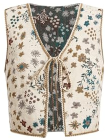 SweatyRocks Women's Floral Embroidered Tie Front Crop Vest Tops Boho Country Concert Cowgirl Western Outfits Apricot Medium