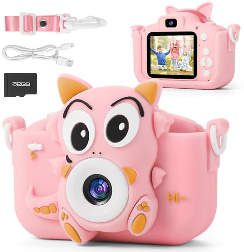 Kinderkamera,FIVAVA Fotoapparat Kinder 1080P 2,0-Zoll-Bildschirm Digitalkamera mit 32GB Karte, Weihnachten Geschenke Spielzeug 3-12 Jahre Jungen und Mädchen Rosa Dinosaurier