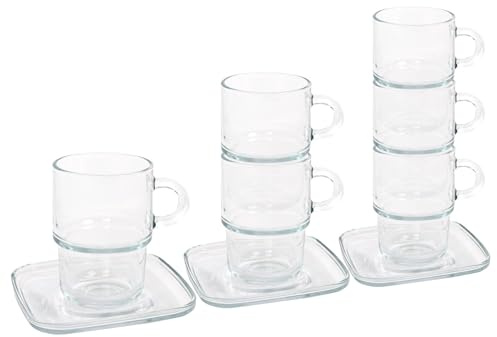 LAV 12pc Klar 350ml Cozy Stapelbare Kaffeetassen & Untertassen-Set aus Glas - Latté Tee Heiße Schokolade Cappuccino Espresso Trinken Bechers Gläser
